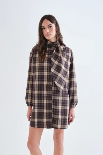 Compania Fantastica Brown Check Print Short Dress