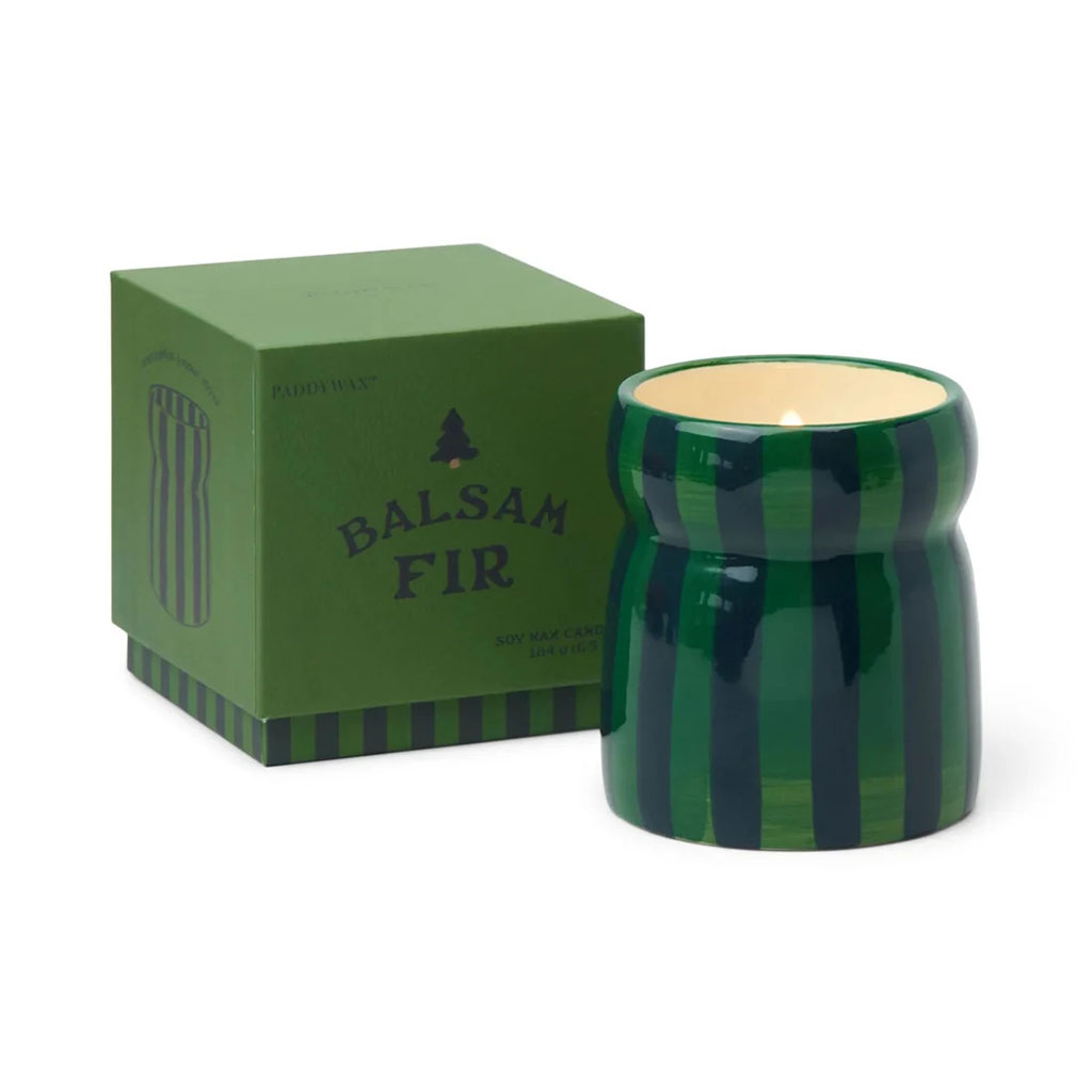 Paddywax Balsam Fir Cabana Green Striped Ceramic Candle